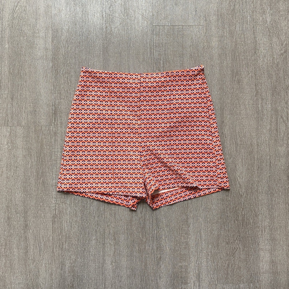 Zara High Waisted Pleated Geometric Pattern Bright Orange Shorts Size Medium 452